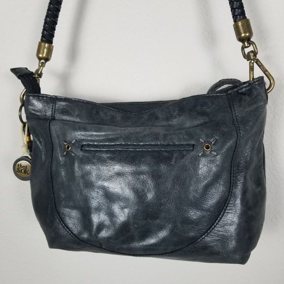 The Sak Y2K 90s Black Leather Zip Top Bohemian Tassle Braid Handle Shoulder Bag - Picture 5 of 12